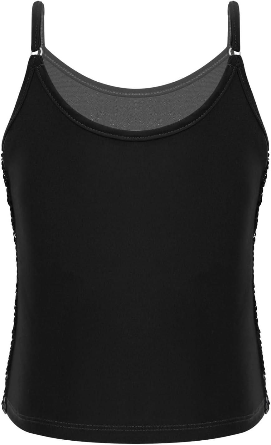 Kids Girls Adjustable Spaghetti Shoulder Straps Sparkly Sequined Tank Top for Dancing Stage Performance