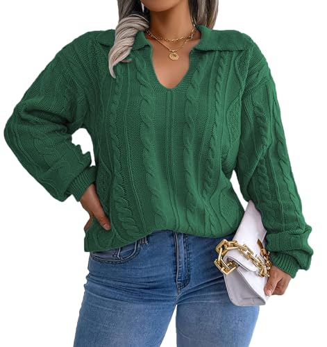 Image of Plus Size Sweaters for Women Polo V Neck Chunky Cable Knit Pullovers 1X-5X