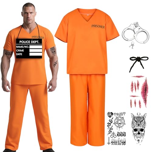 WEFONLLICOS Orange Prisoner Costume Prison Inmate Outfit Jail Criminal Jumpsuit Pant Set Halloween for Adult Men Women (Medium)