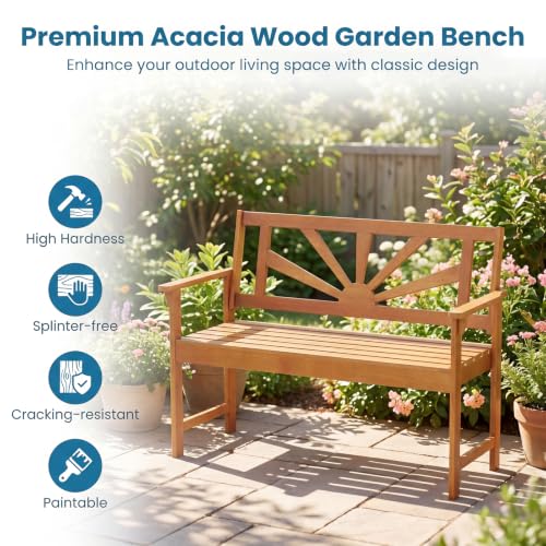 Image of Giantex Outdoor Wooden Bench, 2-Person Patio Garden Loveseat | Patio Bench with Armrests and Backrest, Acacia Wood Garden Bench Seating for Backyard, Front Porch and Park, 800 lbs Max Load