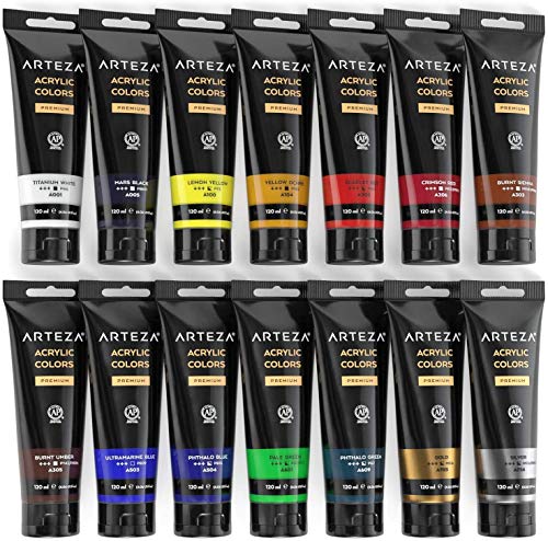 image for Arteza Acrylic Paint, Set 14 Colors/Pouches (120 ml/4.06 oz.) with Sto