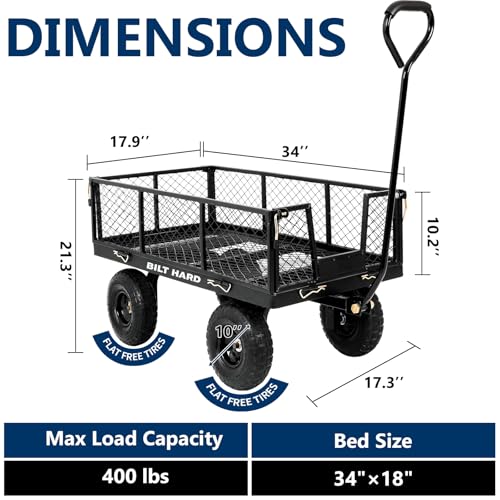Image of BILT HARD 400 lbs 10 inch Rubber Tires Steel Garden Cart with 180 Rotating Handle and Removable Sides, 4 Cu.Ft Capacity Utility Heavy Duty Garden Carts and Wagons