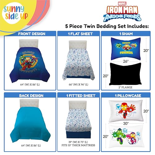 Image of Sunny Side Up Kids Comforter Set Includes Sheets and Pillow Covers - Soft and Cozy Bed Set for Stylish Room Decor, Blue - Iron Man and His Awesome Friends, 5 Piece Twin Size Bedding
