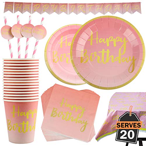 Kompanion 102-teiliges Pink und Gold Motto Happy Birthday Set einschließlich Banner, Teller, Becher, Strohhalme, Servietten und Tischdecke, für 20