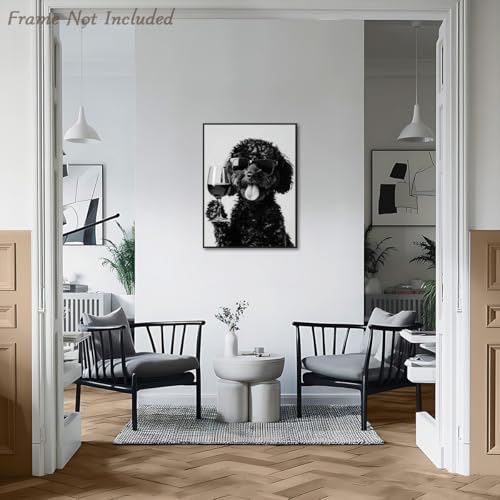 Dazzlewall Lustiges Tier Bild Hund trinkt Wein, Schwarz Weiß Hunde Bild, Dog Posters for Home Living Room Entrance Hall Decor 12×16 in Ungerahmt
