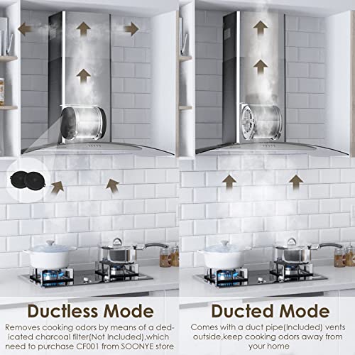 Soonye 30 Inch Wall Mounted Curved Glass Range Hood With 450 Cfm,Stainless Steel Kitchen Ductless/Ducted Convertible With 3 Speed Controls,Permanent Baffle Filters And 2 Led Lights #TOP5