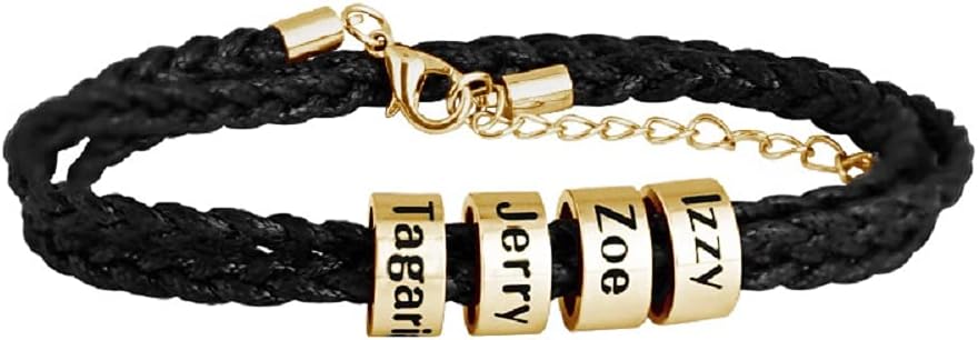 Mens Leather Bracelets with Engraved 4 Charm Beads, Custom 4 Names Braid Bracelet Personalized Men's ID Bracelet for Dad, Grandpa