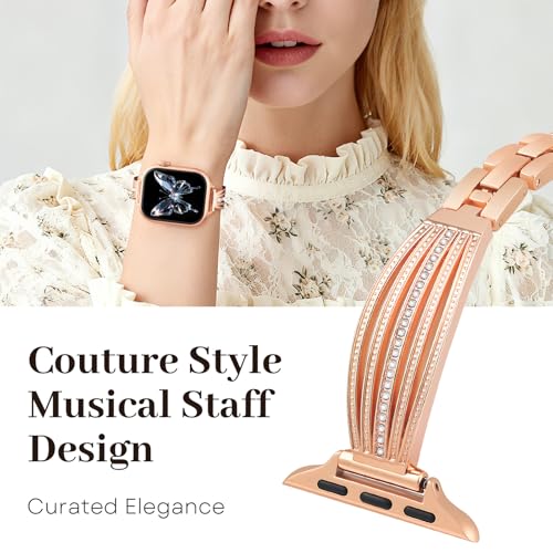 Image of AIRSPO Slim Gold Band Compatible with Apple Watch 38mm 40mm 41mm 42mm 44mm 45mm 46mm Women Thin Metal Strap Dressy Jewelry Bracelet with Bling Diamond for iWatch Bands Series 11 10 9 8 7 6 5 4 3 SE (Rose Gold-02, 38mm /40mm /41mm /42mm(Series 10))
