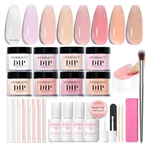 AZUREBEAUTY Dip Powder Nail Kit Starter 8 Translucent Nude White Pink Sheer Neutral Colors, Semi-transparent Natural Clear Dipping Powder Milky Jelly Effect French Nail Art Manicure Salon DIY at Home