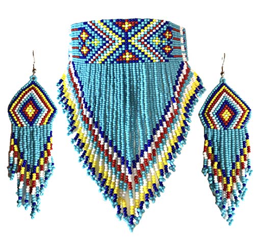 Native Style Seed Beads Beaded Choker Bib Statement Necklace (Blue) #TOP4