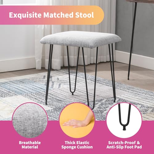 ijuicy Vanity Desk Set with Lighted Round Mirror, Makeup Vanity Table with 4 Storage Drawers, Makeup Dressing Table with Soft Cushioned Stool for Bedroom/Living Room (Retro Brown/White)