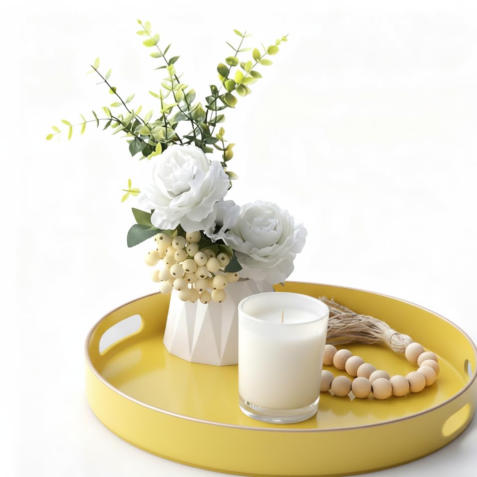 Simmer StRound Plastic Tray one Decorative, Round Plastic with Handles, Modern Vanity and Serving for Ottoman, Coffee table, Kitchen and Bathroom, Size 13" (Lemon Yellow)