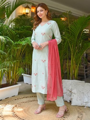 Image of ANNI Designer Kurta Sets for Women Viscose Embroidered | Kurti Set for Woman | Kurta Pant Dupatta Set | 3 Piece Set Women | Straight Kurti | V Neck Full Sleeve Suit Set Stylish Ethnic Outfit Clothing