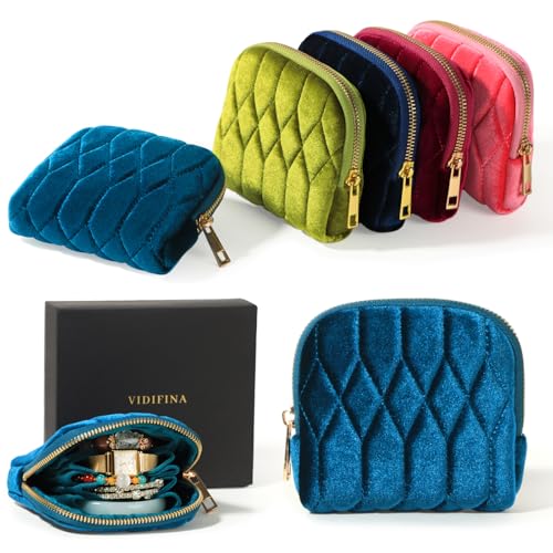 Vidifina Travel Jewelry Case Mini Travel Jewelry Bag with Zipper 5-Layer Velvet Organizer Pouch for Bracelet Rings Earrings - Diamond Stitched Velvet Teal Blue