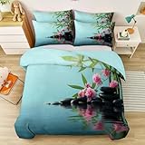 Juego de Fundas nórdicas de Microfibra 180 x 220 cm, 3 Piezas, Estilo Zen Piedras Bambú Orquídea Juegos de Cama, Vistoso con Cremallera, Apto para Adultos y niños, fácil de Limpiar