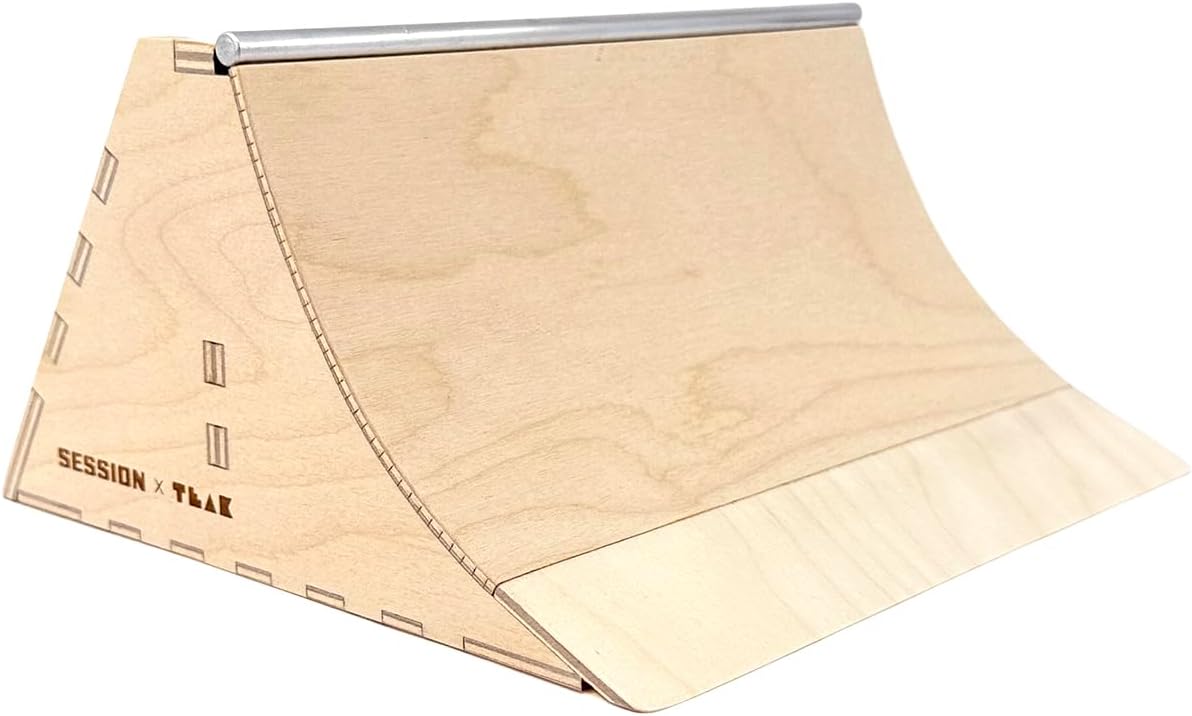 Teak Tuning x Session Mini Quarter Bank, Small Quarter Pipe with Banked Wall, Baltic Birch Wood with Aluminum Coping, 7.875 x 7 x 4 Inches - Made in USA