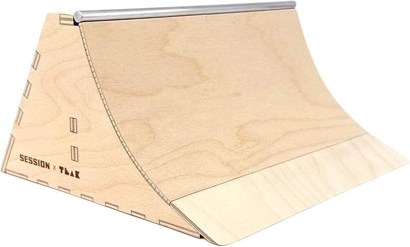 Teak Tuning x Session Mini Quarter Bank, Small Quarter Pipe with Banked Wall, Baltic Birch Wood with Aluminum Coping, 7.875 x 7 x 4 Inches - Made in USA
