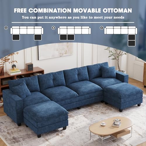 Image of 137 inch,U Shaped Couch,Modern Modular Sectional Sofa, 4-Seater Comfy Cloud Couch with Two Movable Ottoman & Throw Pillows for Living Room, Bedroom and Apartment, Dark Blue