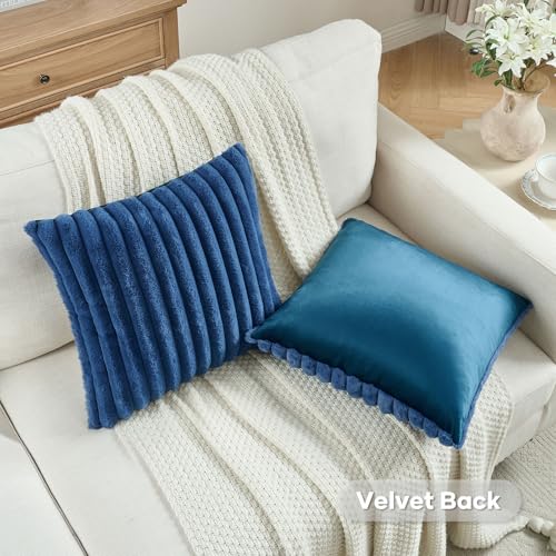 FUTEI Navy Blue Striped Decorative Throw Pillow Covers 16x16 Inch Set of 2,Square Fall Decorations Couch Pillow Case,Soft Cozy Faux Rabbit Fur & Velvet Back,Modern Home Decor for Bed