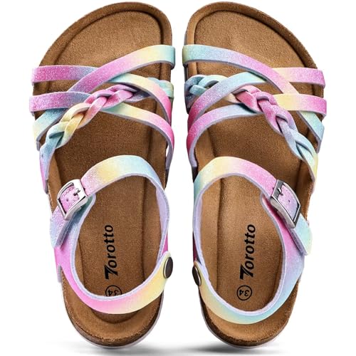 Image of Torotto Girls Sandals with Cork Footbed Adjustable Buckle Casual Slides Sandals Open Toes Flat for Kids Toddler