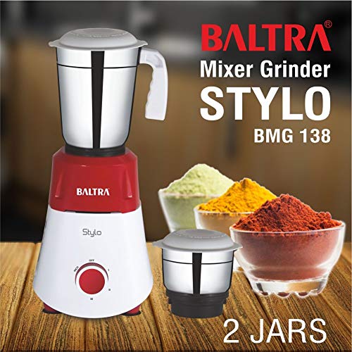 Image of Baltra Stylo Mixer Grinder 550 Watt with 2 Multipurpose Stainless Steel Jars (Wet+Dry Jar) 3 Powerful Speed Control, Overload Protection, Tight Jar Lid, 2 Super Efficient Stainless Blade