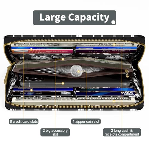 Nipichsha Womens Wallet, RFID Wristlet Wallet for Women, Cute Ladies Purse, Large Credit Card Clutch Wallets, Leather Card Holder Wallets with Zipper & Phone Holder, Black Flower3