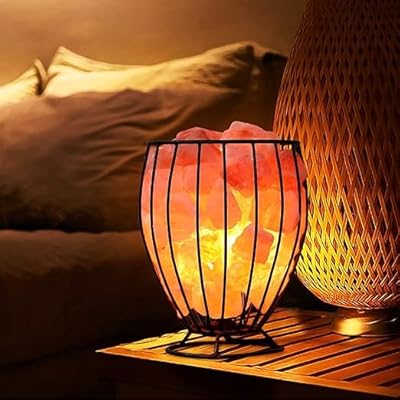 NatureBoost Himalayan Pink Salt Lamp Metal Basket with Natural Salt Chunks (Tall) - Unique Gift idea