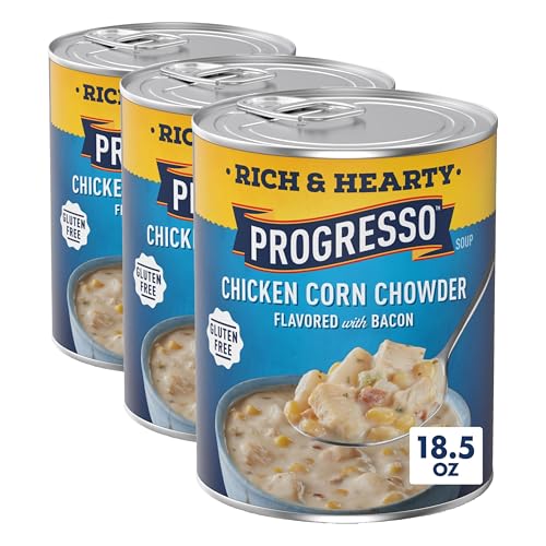 Image of Progresso Rich and Hearty Chicken Corn Chowder Canned Soup, Flavored with Bacon, Gluten Free, 18.5 oz (Pack of 3)