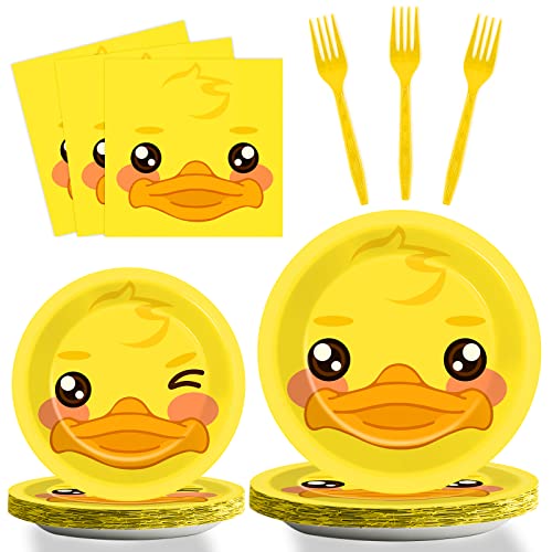 Image of gisgfim 96 Pcs Duck Plates and Napkins Party Supplies Duck Themed Party Tableware Set Duck Birthday Party Decorations Favors for Kids Birthday Baby Shower for 24 Guests