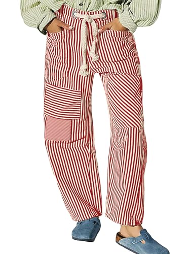 Women Y2K Striped Wide Leg Jeans Drawstring Elastic Waist Straight Wide Leg Loose Fit Boyfriend Jeans