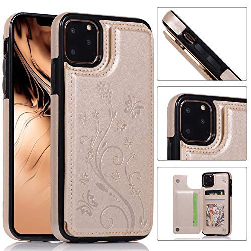 QFUN Back Wallet Case for iphone 11 Pro Max with Stand, Elegant Embossed Design [Butterfly Flower] Lightweight Slim Fit Leather Phone Case with Card Holder Protective Bumper Flip Cover - Gold