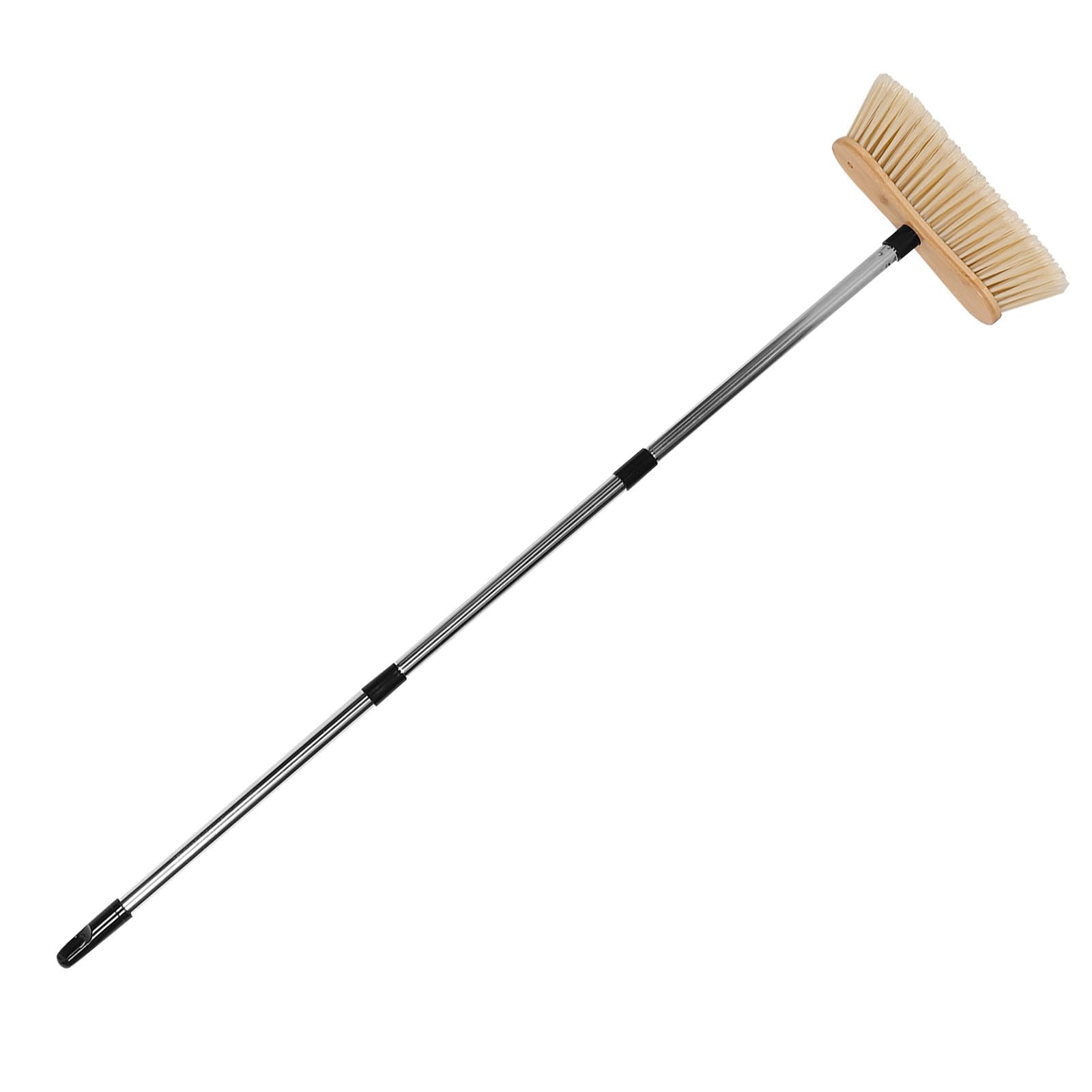 Escoba de Jardín Mango Ergonómico de Bambú con Mango de Acero Inoxidable y Cerdas Duras Resistente Flexión para Limpiar Exteriores y Terrazas