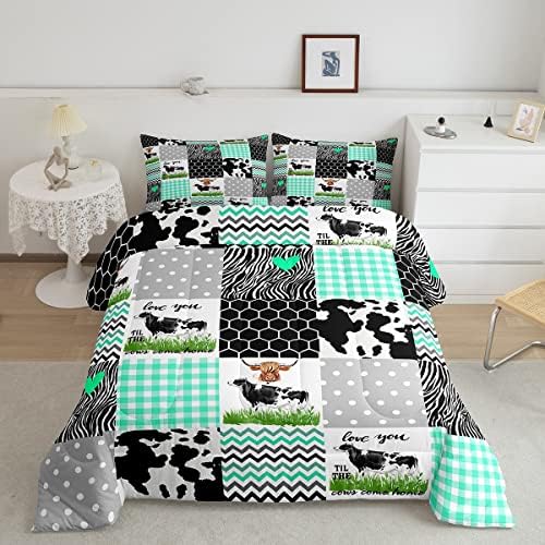 Homewish Cow Print Comforter Set Twin Size Cute Cow Quilt Set Farm Animals Print Bedding Set 2pcs for Kids Boys Girls Room Decor, Black White Green Plaid Duvet Set with 1 Pillowcase