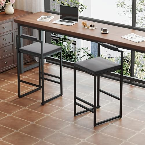 Butaco Tapizado de Terciopelo KT Rolster Juego de 2, Altura de Barra con Asiento Gris y Patas Metálicas Negras, Cojín Suave, Reposapiés y Respaldo para Isla de Cocina y Comedor miniatura 3