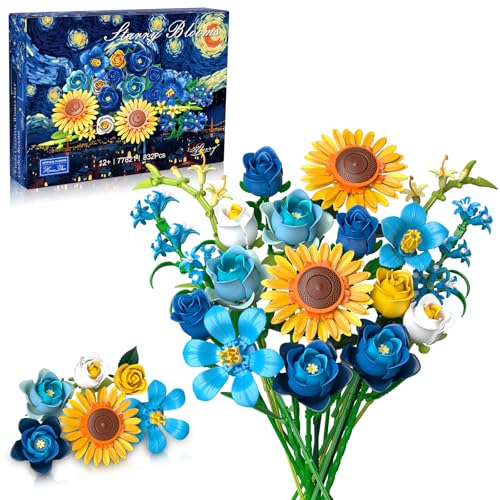 Blue Rose Flowers Valentines Gifts - Bouquet Building Set Compatible with Lego Flowers for Adults Women, Van Gogh's Starry Night and Sunflowers Style, Christmas Mother's Day Home Decor