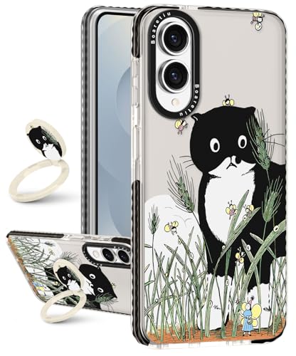 Boaretiu for Samsung Galaxy S25 Edge Case - with Stand Cute Kawaii Fashion 360° Rotate Ring Holder Kickstand Black Cat Bee for Women Girls Boys Teens Girly for Galaxy S25 Edge Case