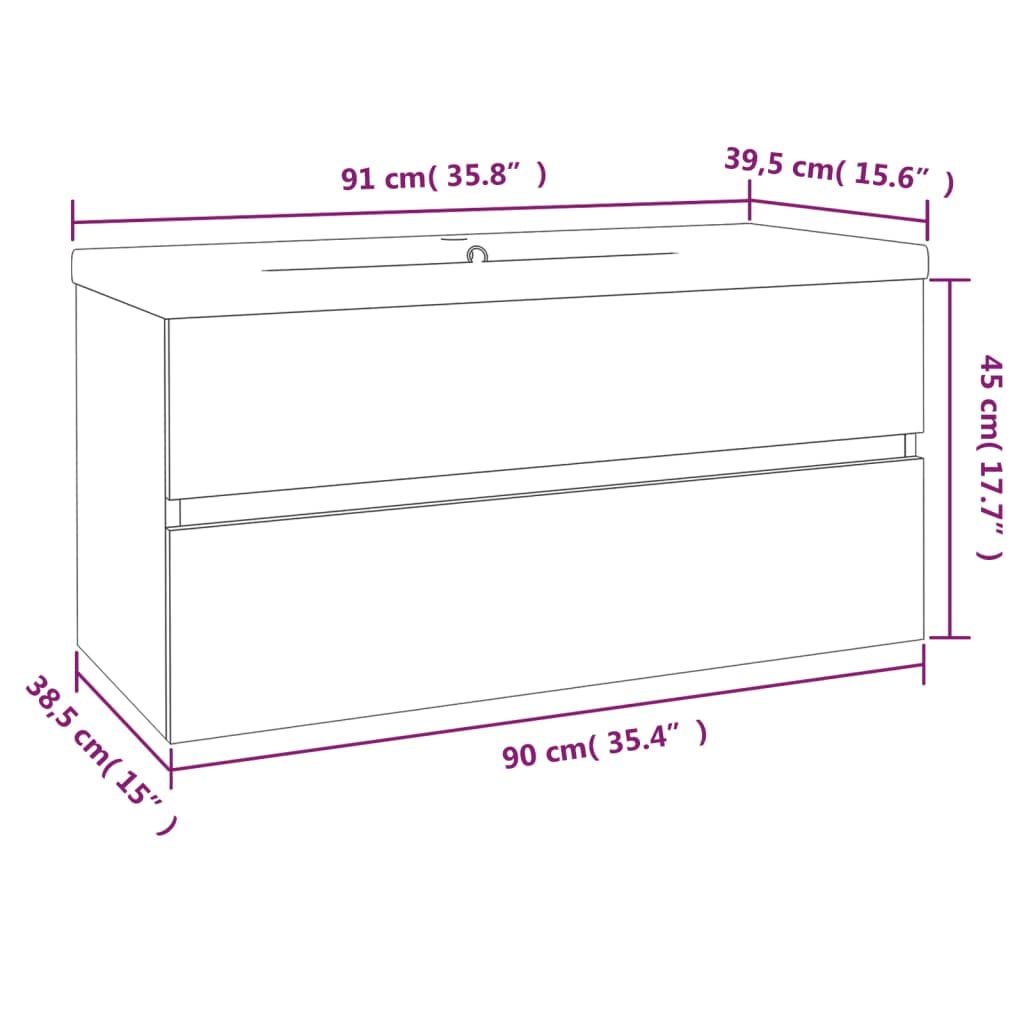Armario de lavabo con lavabo empotrado, color gris, material de madera Sonoma, 90 x 38,5 x 45 cm, mueble de baño con cajón y espacio de almacenamiento, para colgar en la pared para inodoro