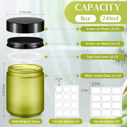 Norme 12 Pcs 8oz Thick Glass Jars with 24 Plastic Metal Lids Empty Candle Making Glass Jars with 24 label Airtight Food Storage Containers with Inner Liners Lid for Candle Lotions Creams(Green)2