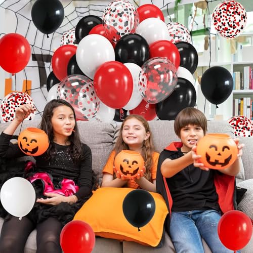 Image of Black Red Confetti Balloons, 60 Packs 12 Inch Black Red Party Balloons with Ribbons for Men Women Birthday, Wedding, Bridal Shower, Graduation, Casino Theme Party Decorations