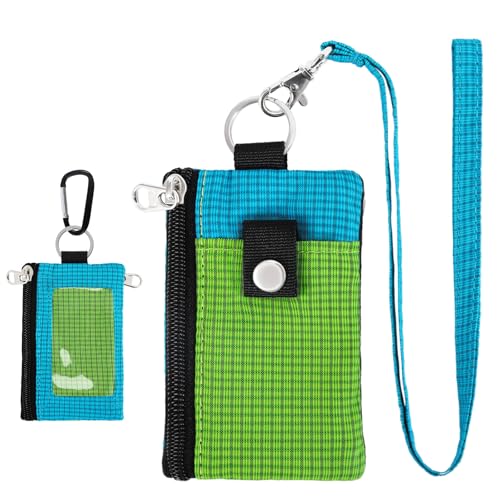 Image of MASAPHlL Small Lanyard Wallet for Women /Men with RFID Blocking ID Card Wallet, Minimalist Nylon Zipper Pouch, Travel Neck Wallet with Keychain, ID Window for Card,Coin,Cash (Emerald Green+Sky Blue)