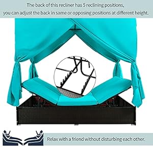 Patio chaise lounge pe rattan outdoor patio wicker sunbed daybed with adjustable seats four sided canopy overhead curtain and blue cushions for backyard garden poolside for 2 6 people  urban country home decor