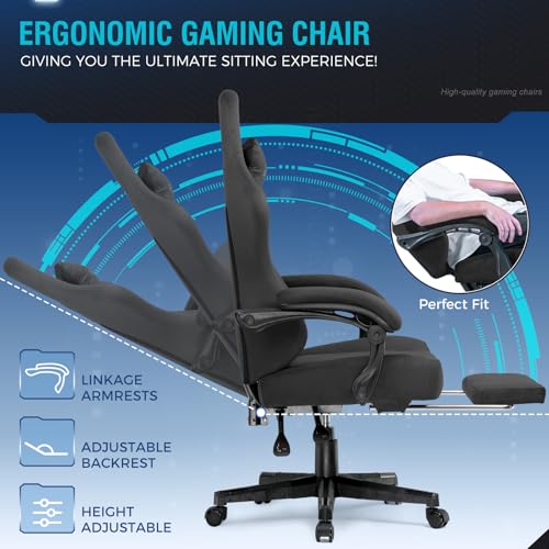 Image of GTPLAYER Gaming Chair Fabric with Pocket Spring Cushion, Big and Tall Gamings Chairs 350LBS High Back Computer Chair with Footrest for Adults Lumbar Support Swivel Game Chair for Office Light Black