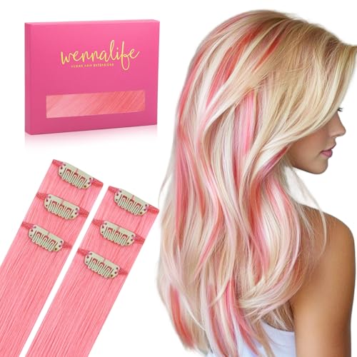 Image of WENNALIFE Peach Pink Clip in Hair Extensions Real Human Hair 35g 6pcs 16 Inch Colored Hair Extensions for Kids Women Colorful Hair Pieces Pop-up Style Straight Extensiones De Cabello Humano Con Clip