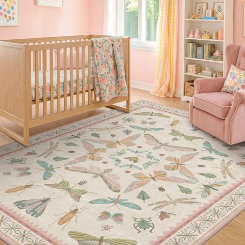 Image of Hazo Haus Butterfly Area Rugs 5x7 for Baby Nursery, Cute Light Pink Rugs for Bedroom Girls, Living Room, Kids Room Playroom Reading Corner, Washable Ultra Soft Stain Resistant Floral Floor Decor
