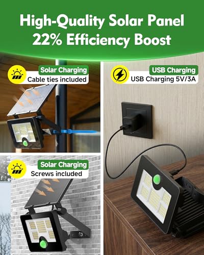 Image of OHAYORI Solar Security Lights Outdoor Motion Sensor, 122LED 4 Modes USB Rechargeable Solar Powered Wall /Pole Light for Garden Outside, 2200mAh IP65 Waterproof Solar PIR Fence Lighting for Street Flood