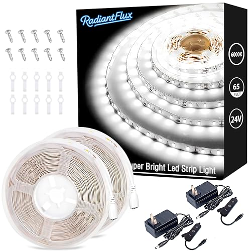 Image of RadiantFlux White Strip Lights,2 Sets of 65ft. LED Strip Lights,Strip Light for Cabinet,1200 LEDs Flexible LED Strip Lights for Shelves, Living Room, Study, Wardrobe