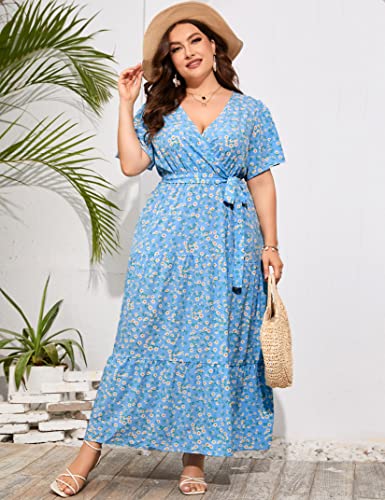 Image of ShopWonder Womens Plus Size V Neck Wrap Maxi Dress High Waist Ruffle Summer Casual Dress with Belt