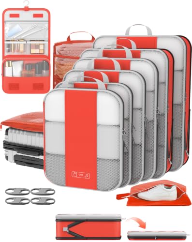 Image of OlarHike 10 Set Compression Packing Cubes for Travel Essentials,Compressible Expandable Packing Cubes for Suitcase,Luggage Garment Bags with Over 99 pcs of Mesh Holes(Orange)