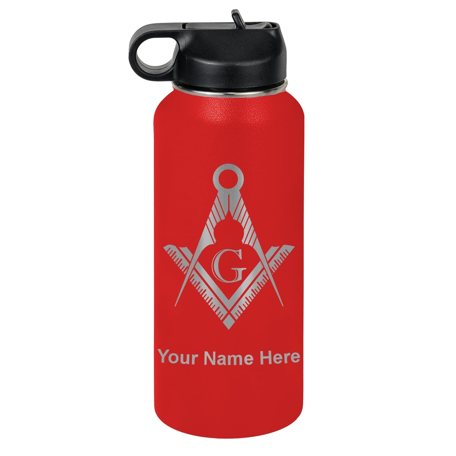 LaserGram Personalized Water Bottle, Freemason Symbol, Stainless Steel Double Wall Vacuum Insulated with Flip Top Straw, Custom Engraved Gift (32oz /