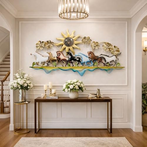 Image of Framing Hub - Metal Wall Decorative Multicolor Large Seven Running Horses with Sunrise Floral Design Wall Hanging Decor for Vastu Living Room (Size 51x29 Inch)